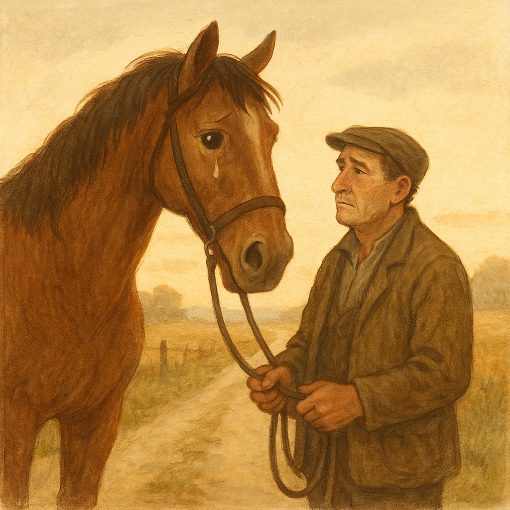 A farmer holds the reins loosely as his horse Prince turns to look back at him with tearful eyes in Prince, the Horse.