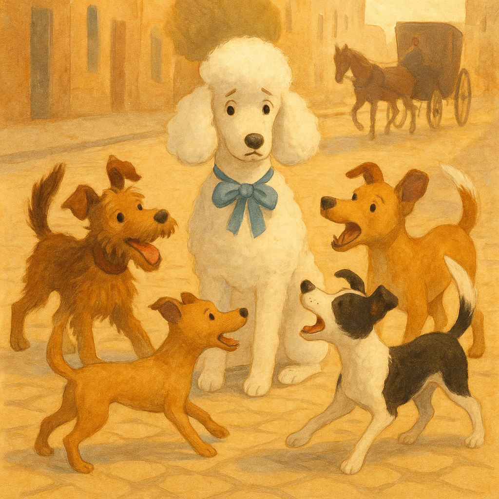 A prim white poodle with a blue ribbon meets a group of playful street dogs in "Real Dogs"