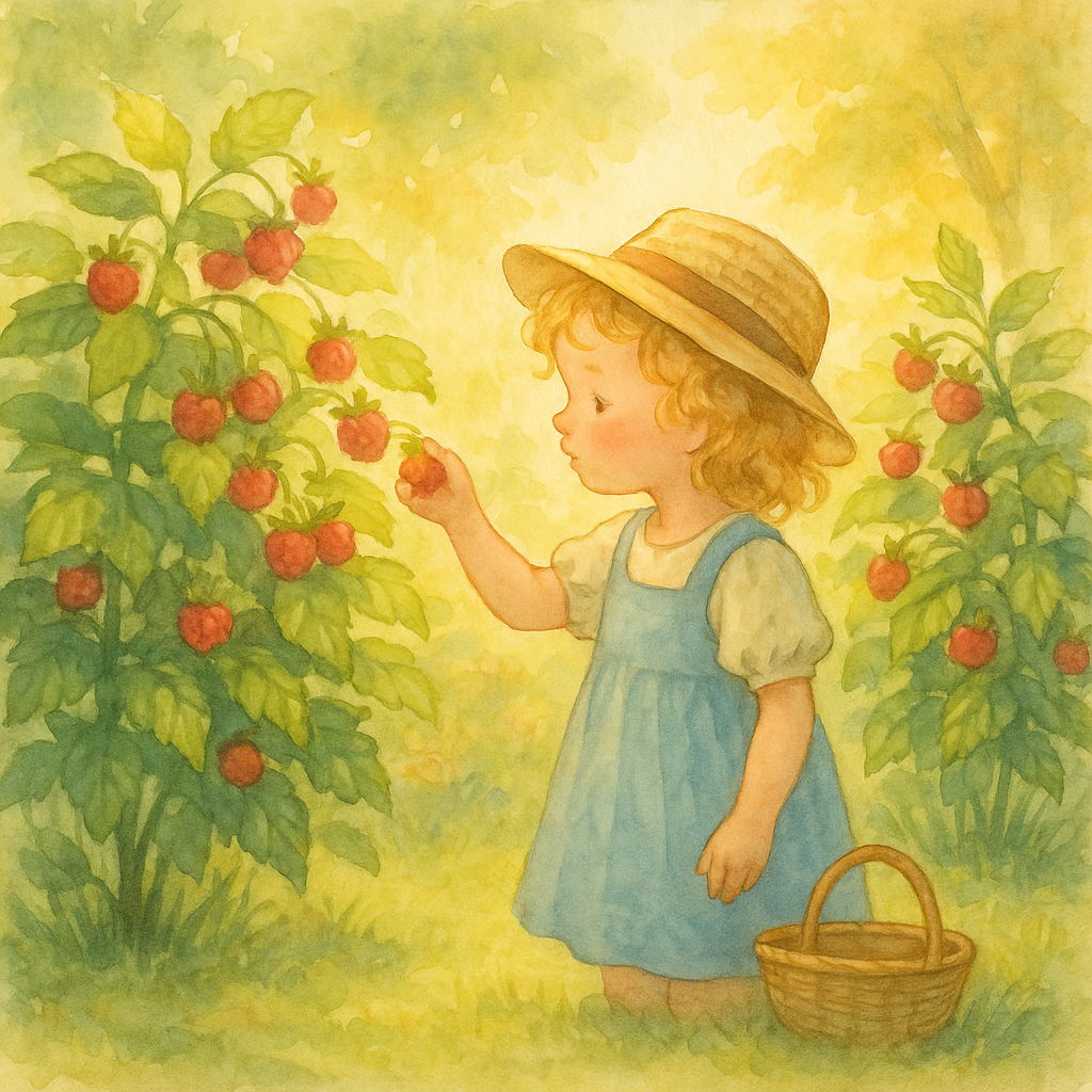 A young girl picking ripe raspberries from a garden bush, illustration for Ripe Raspberries.