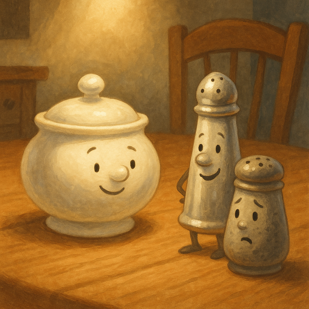 A sugar bowl, salt cellar, and pepper shaker in conversation, illustrating Salt, Pepper and Sugar