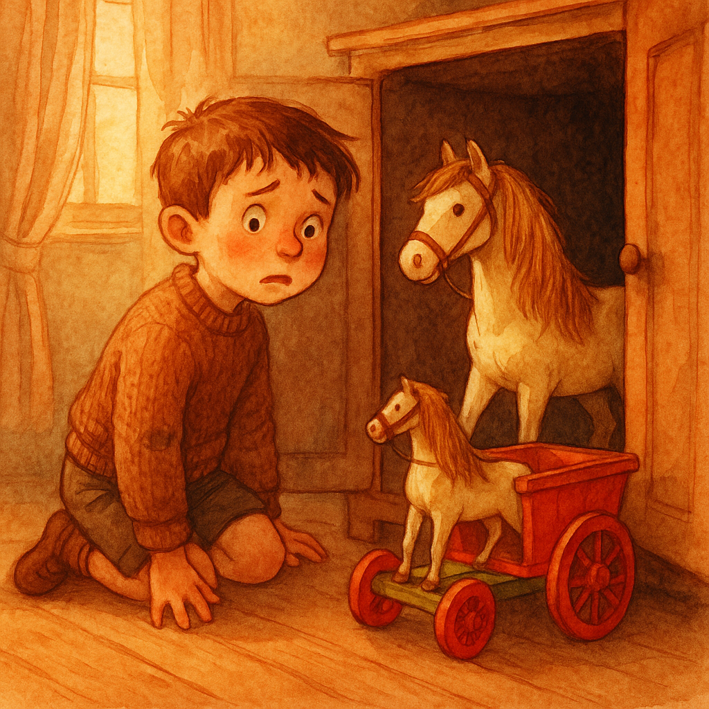 A young boy discovers a toy horse and red cart in a closet in the children's story Santa Claus and Teddy.