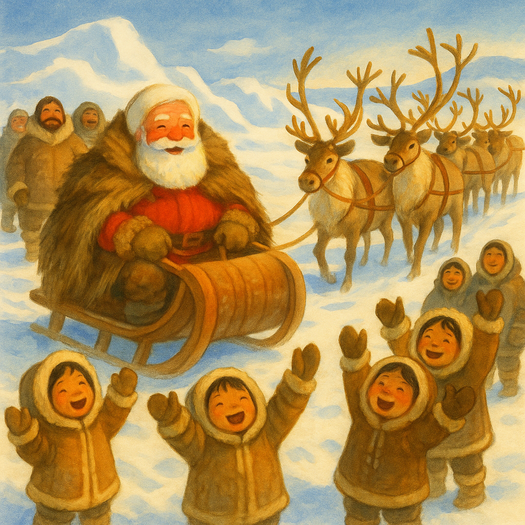 Santa arriving by reindeer sled through Arctic snowdrifts as Inuit children cheer, from Santa in Eskimo Land.