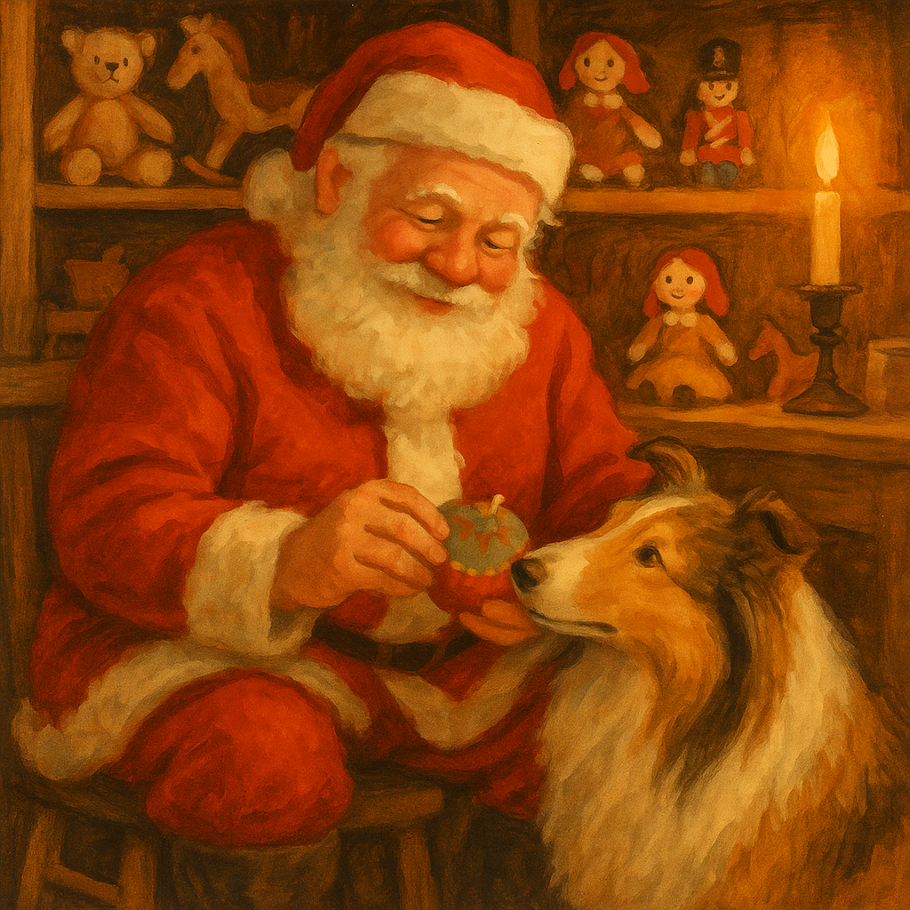 Santa holding a handmade pincushion with his collie resting at his knee, from Santa's Gifts