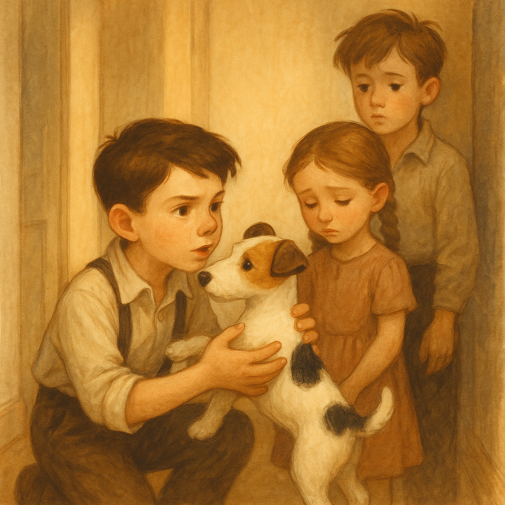 A boy crouches to protect a small fox terrier puppy in a hallway, in an illustration from Saving a Tail.