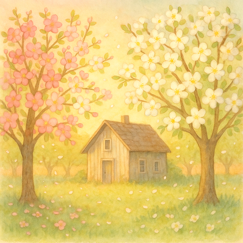 Blossoming apple and pear trees surround a shabby farmhouse in spring, from Spring Blossoms