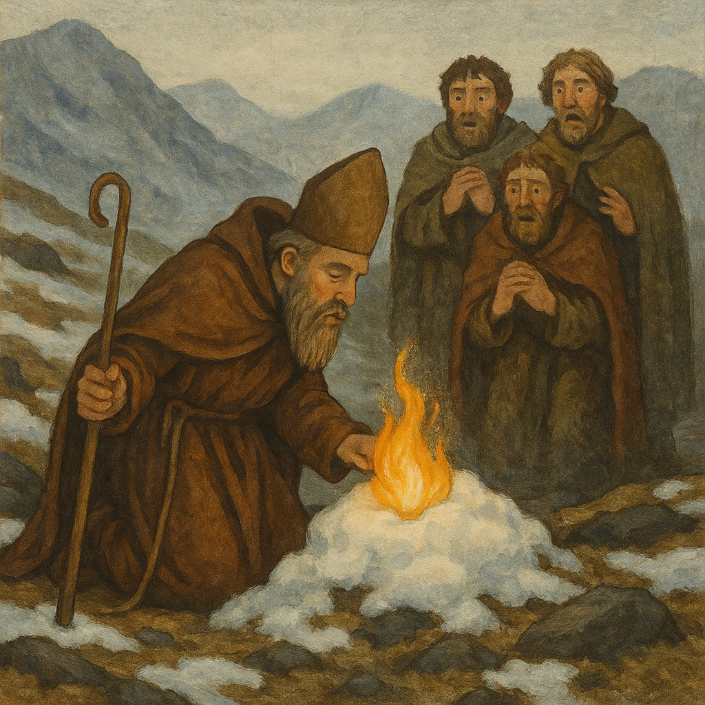 St. Patrick breathes fire from snow on a frozen hillside, illustration for the story St. Patrick by Mary Graham Bonner.
