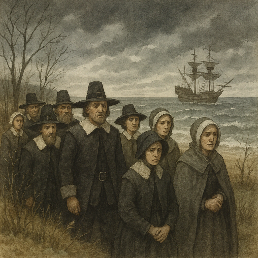 Pilgrim settlers arriving on the Cape Cod shore in winter, scene from Thanksgiving Day