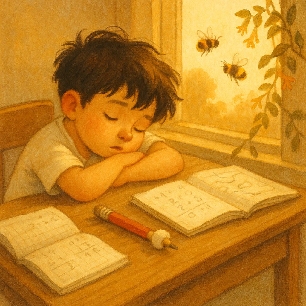 A sleepy boy rests at his homework desk beside a bandaged red pencil, in The Abused Pencil.