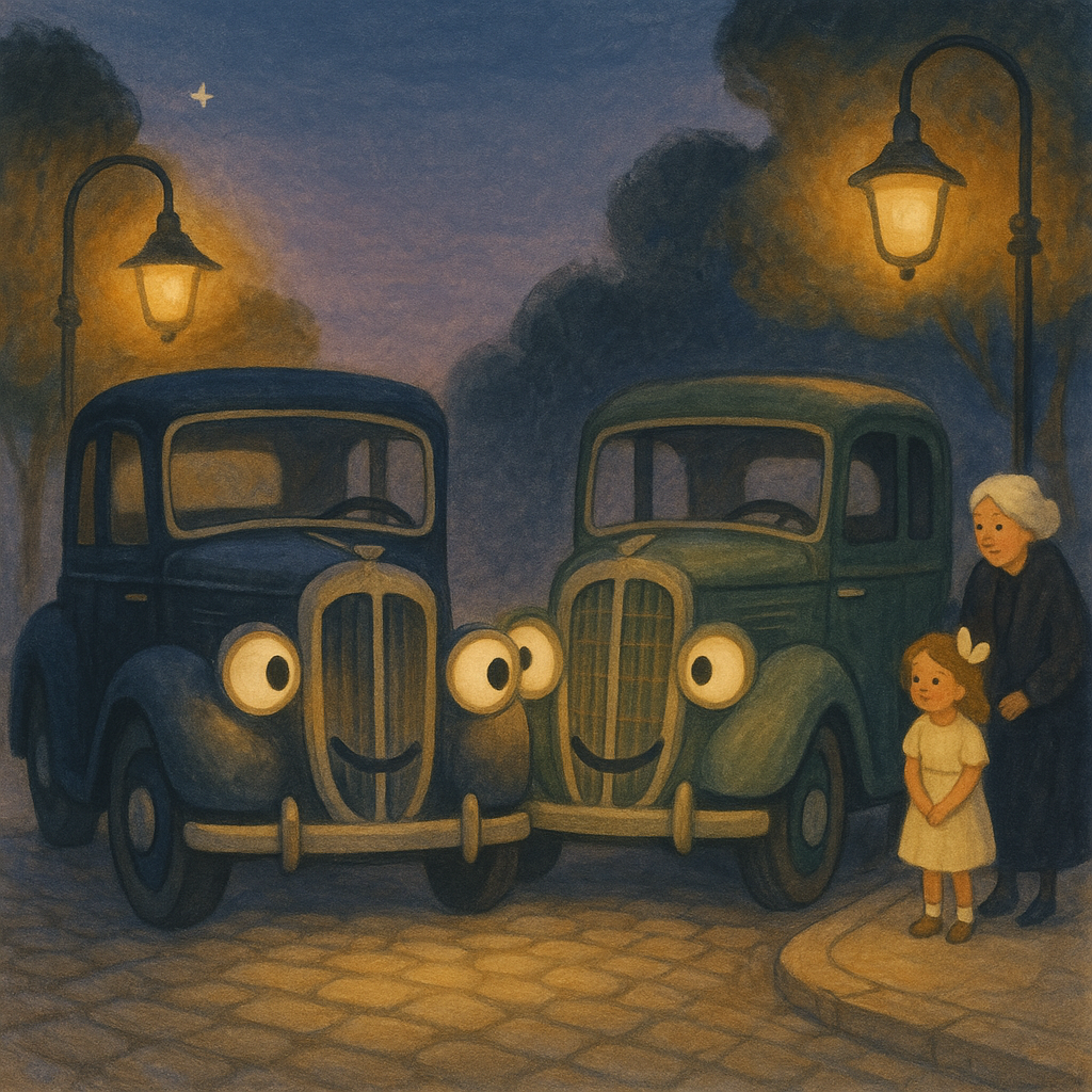 Two old-fashioned talking automobiles parked at dusk in The Automobiles by Mary Graham Bonner