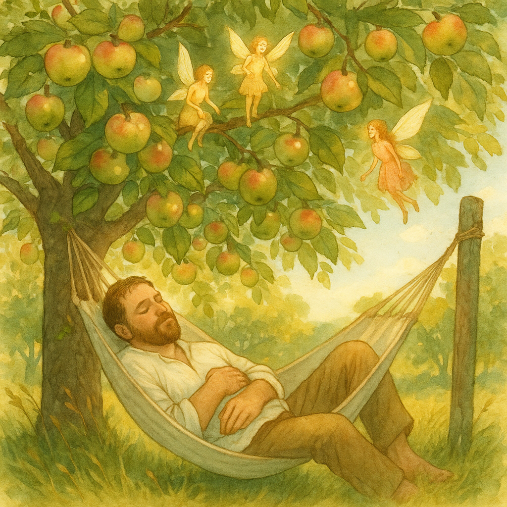 A man asleep in a hammock beneath a magical apple tree with tiny fairies in its branches, illustrating The Best Apple Tree of All.