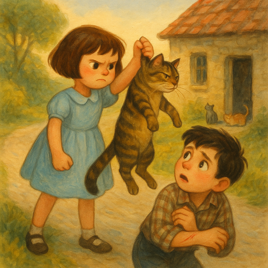 A little girl lifts a cat off her scratched brother on a country road — scene from The Brave Little Sister.