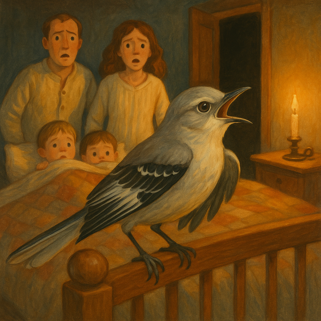 A brave mockingbird wakes a sleeping family at night in The Brave Mocking Bird