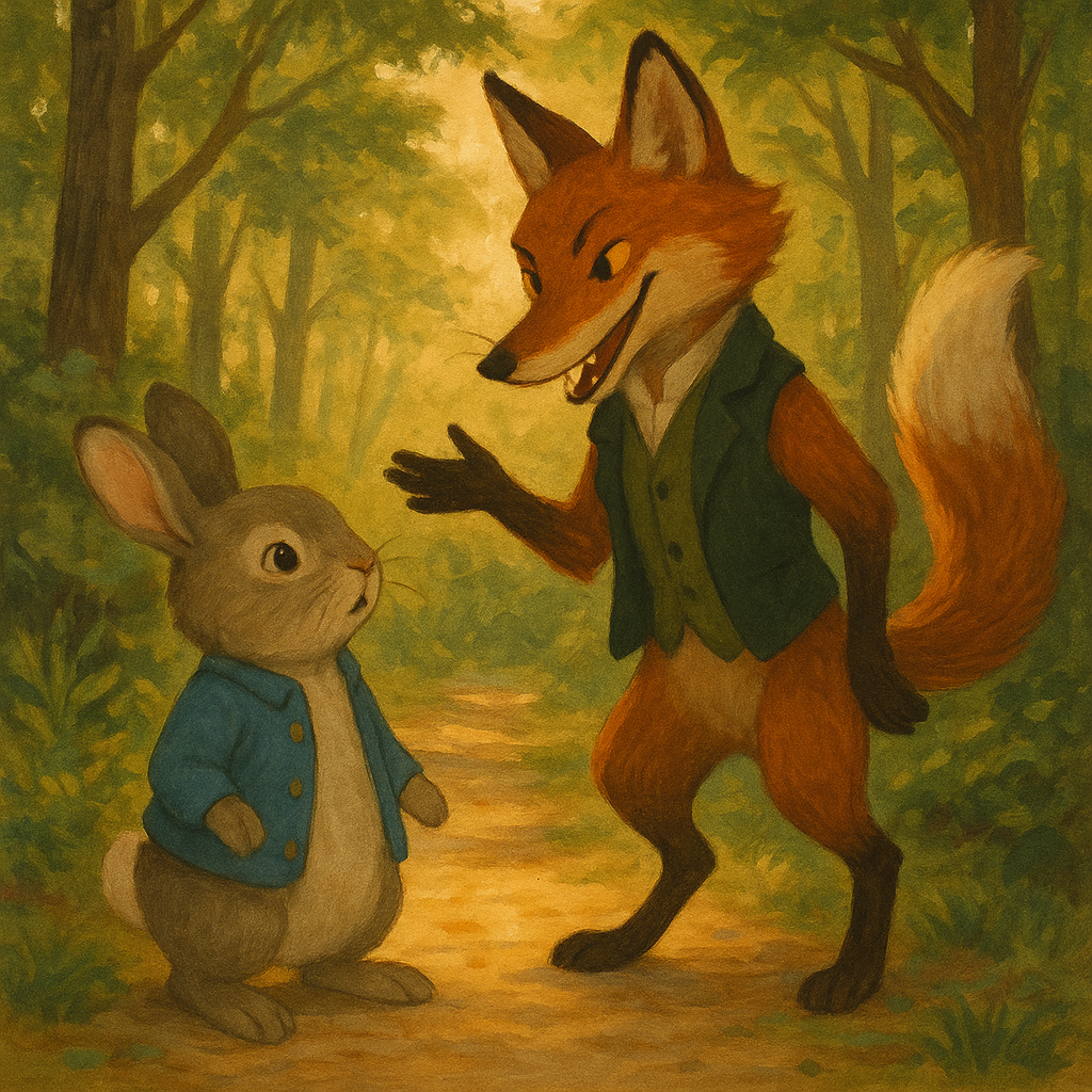 A young rabbit meets a grinning fox on a woodland path in The Bunnie and the Fox