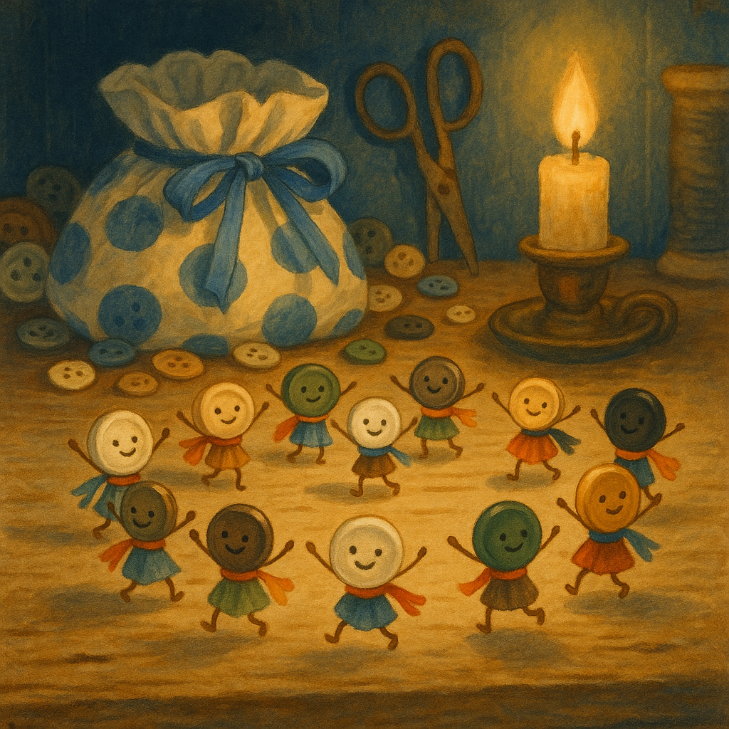 Tiny buttons dancing in ribbon scraps by candlelight in The Button Bag