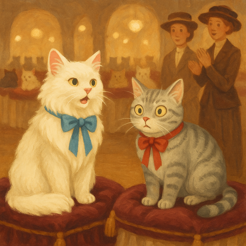 Two prize cats on velvet cushions talk at the cat show, in an illustration from The Cat Show.