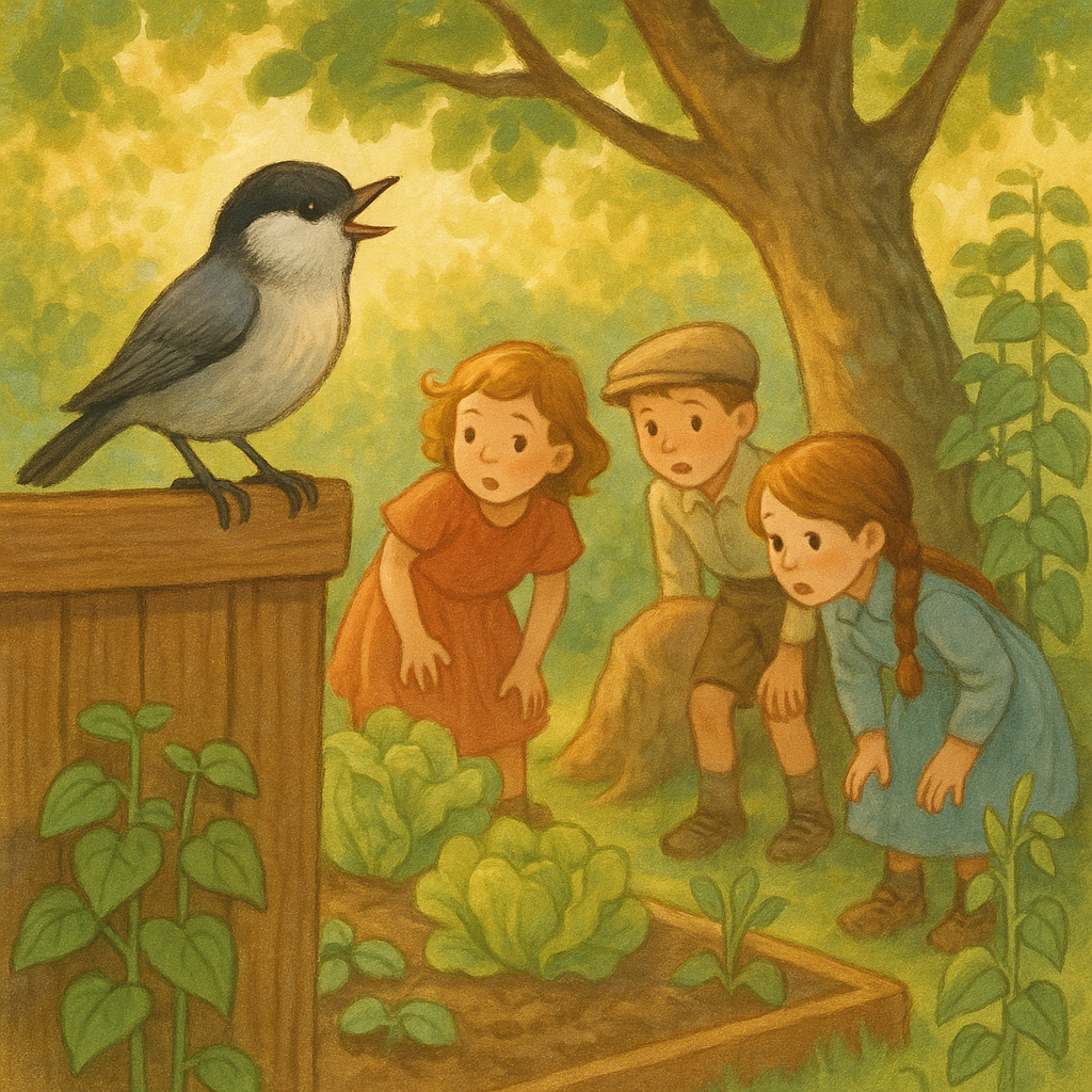 A catbird on a fence mimics a cat while children search the garden below, in The Catbird.