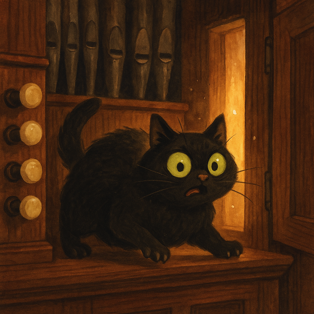 A startled black cat with green eyes hiding inside a church organ in The Cat's Mistake