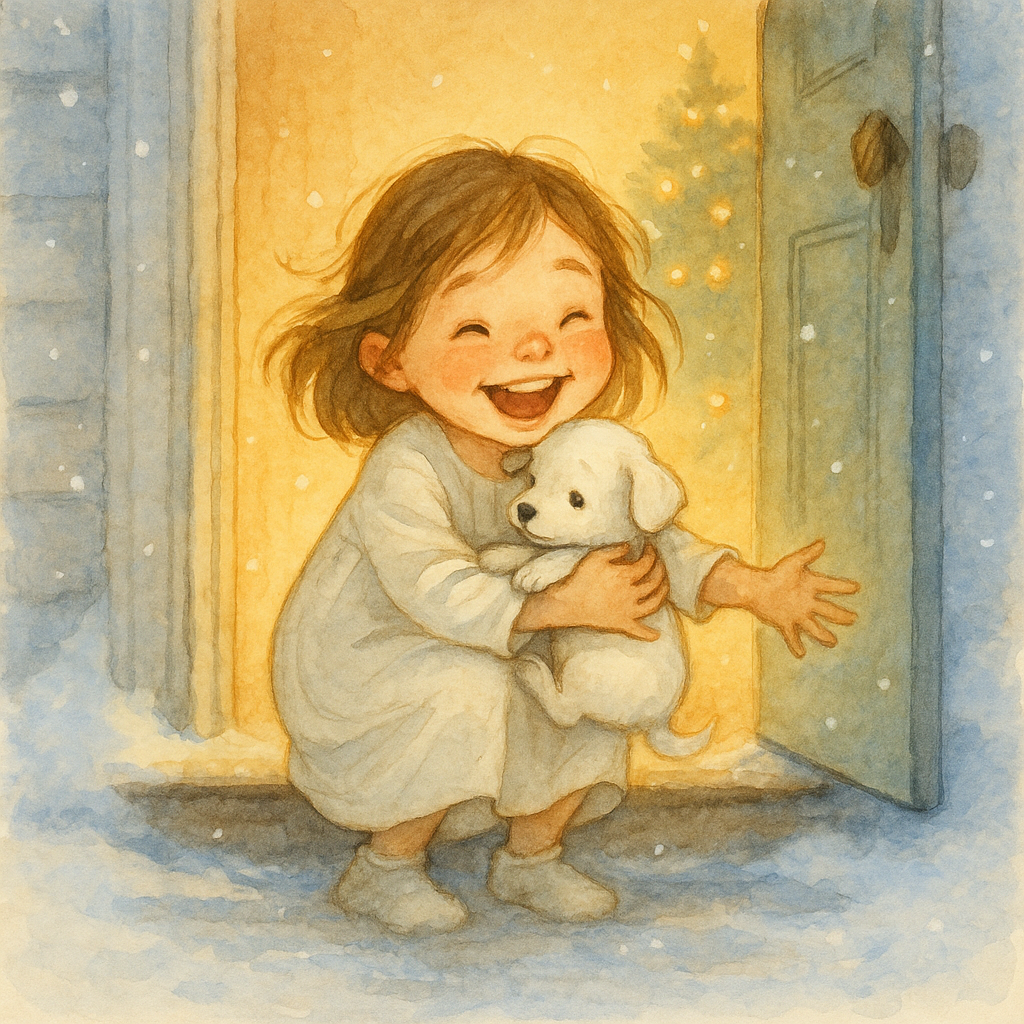 A young girl in a nightgown opens the front door to find a little white dog on a snowy Christmas morning, in The Christmas Dog.