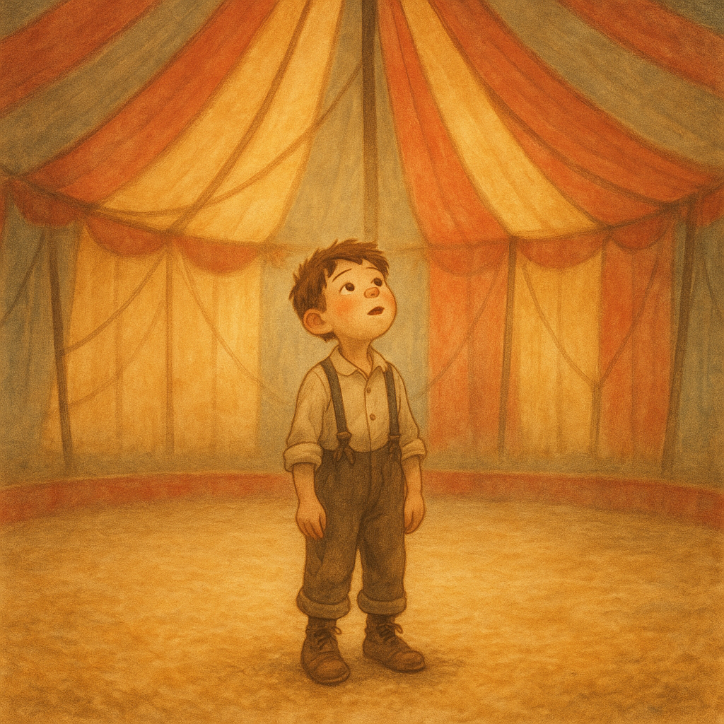A young boy stands in awe at the centre of a circus sawdust ring in The Circus Dream