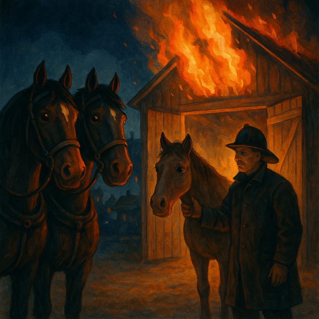 A fireman leads a frightened horse to safety as fire horses watch — scene from The Clever Fire Horses.