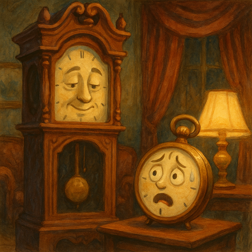 An anxious pocket watch speaks to a wise grandfather clock in a cozy room, in The Clock and the Watch.