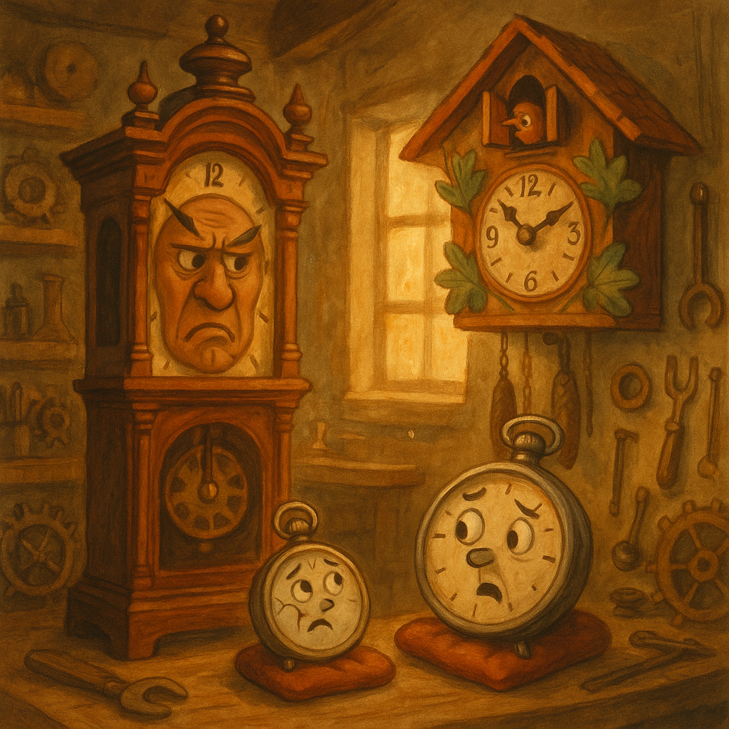 An Eight-Day Clock, a pocket watch, and a Cuckoo Clock conspiring in a clockmaker's shop in The Clocks.