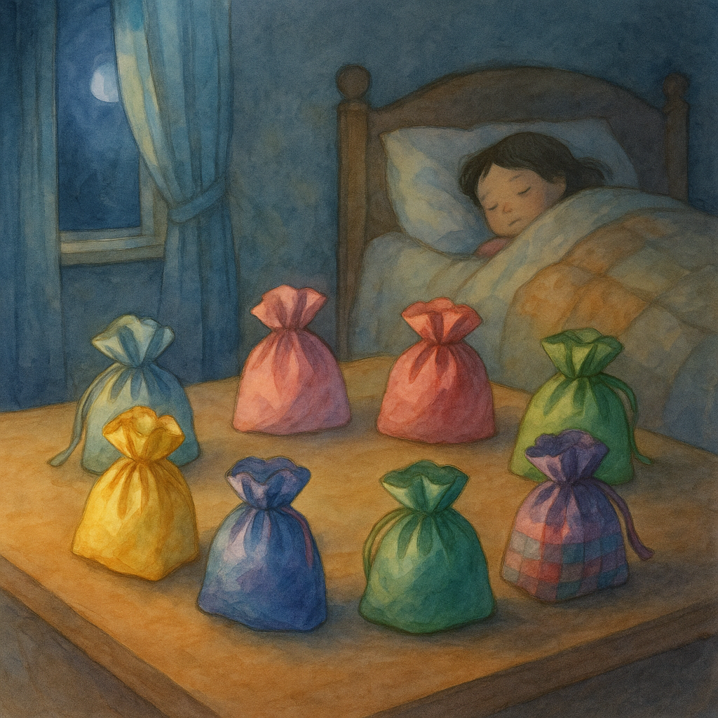 Colorful silk bags chatting on a dresser at night, from The Colored Bags by Mary Graham Bonner