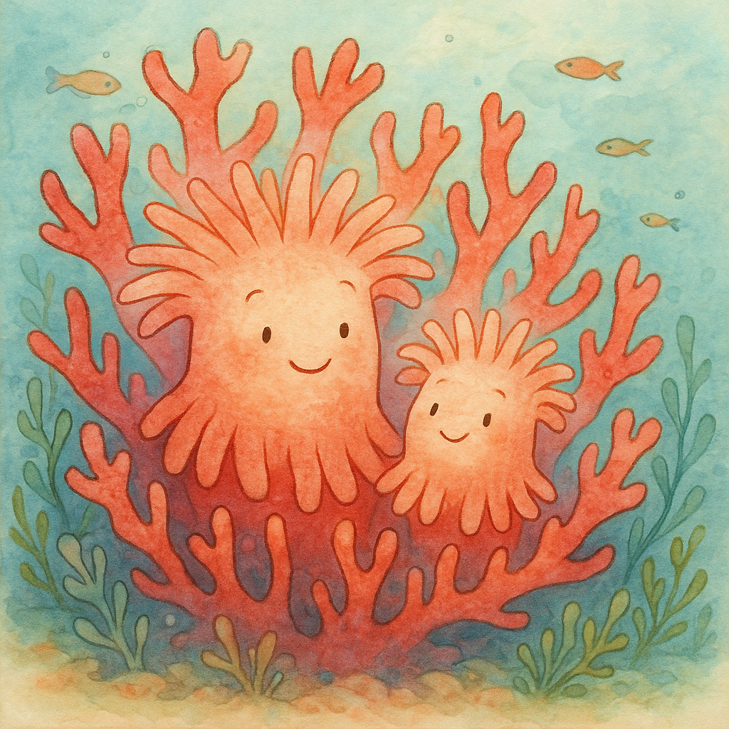 A mother and young coral polyp chatting on a colorful reef, illustrating The Coral Families.