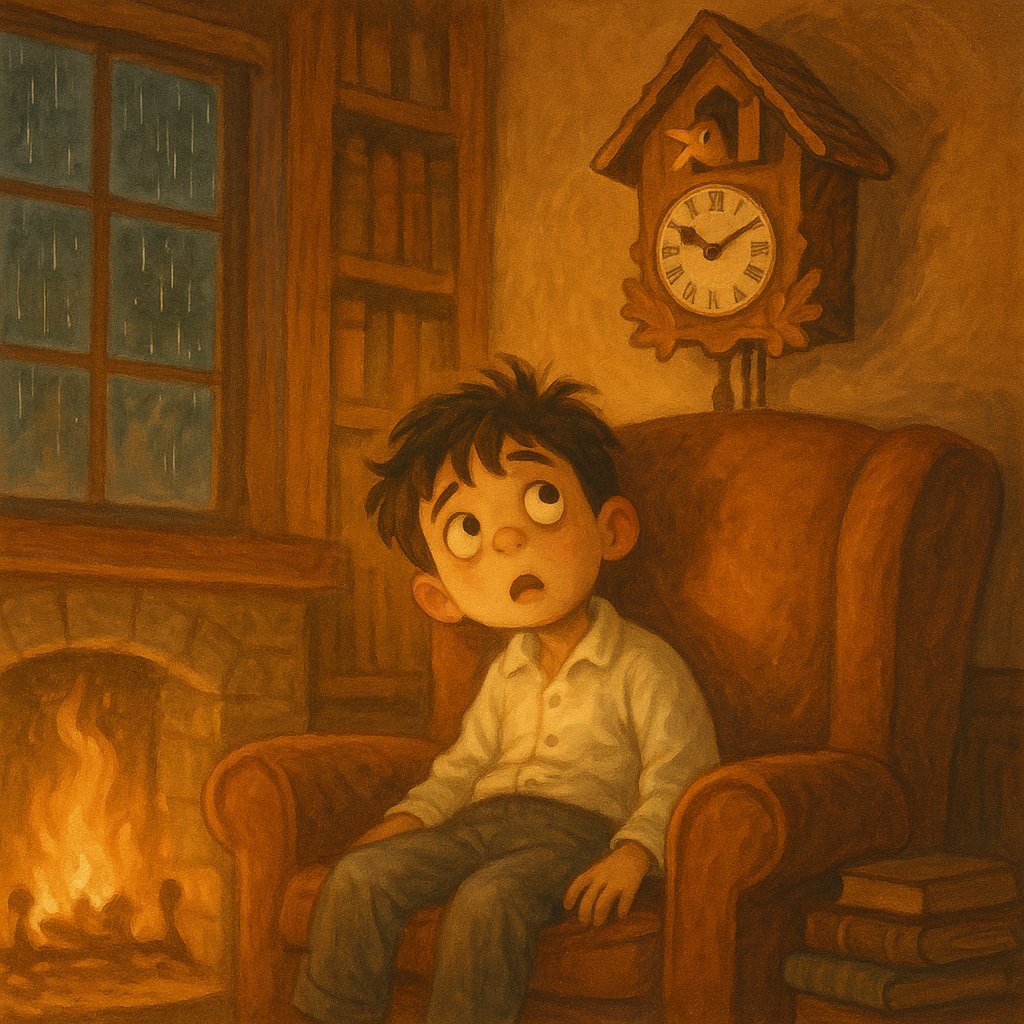 A drowsy boy stares at a talking cuckoo-clock bird by the fireplace, in The Cuckoo-Clock.