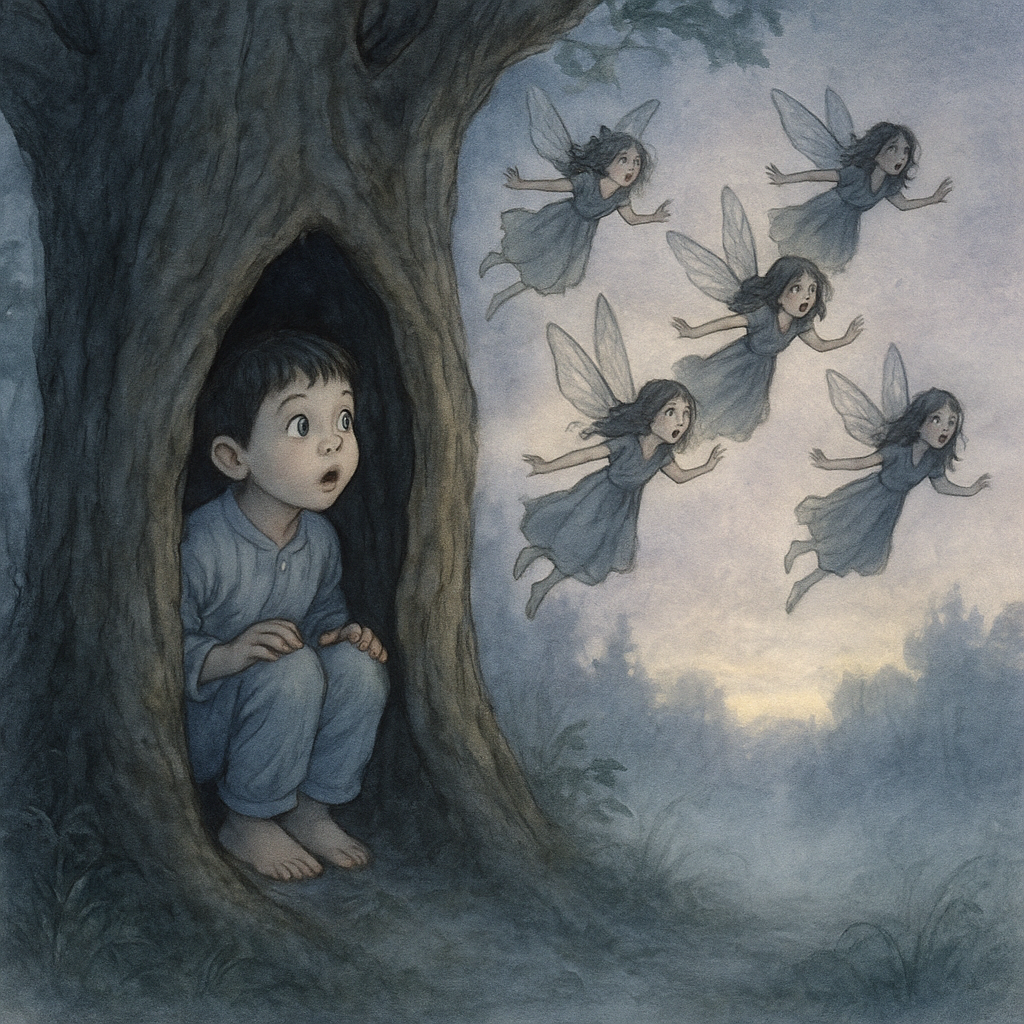 A young boy hiding in a hollow tree watches startled dawn fairies scatter in The Dawn Fairies.