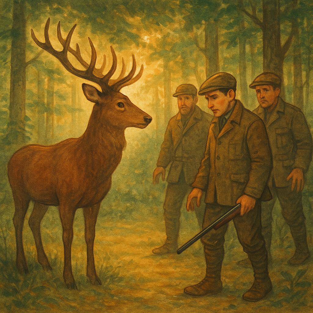 A still deer faces a group of hunters in a forest clearing, in the story The Deer by Mary Graham Bonner.