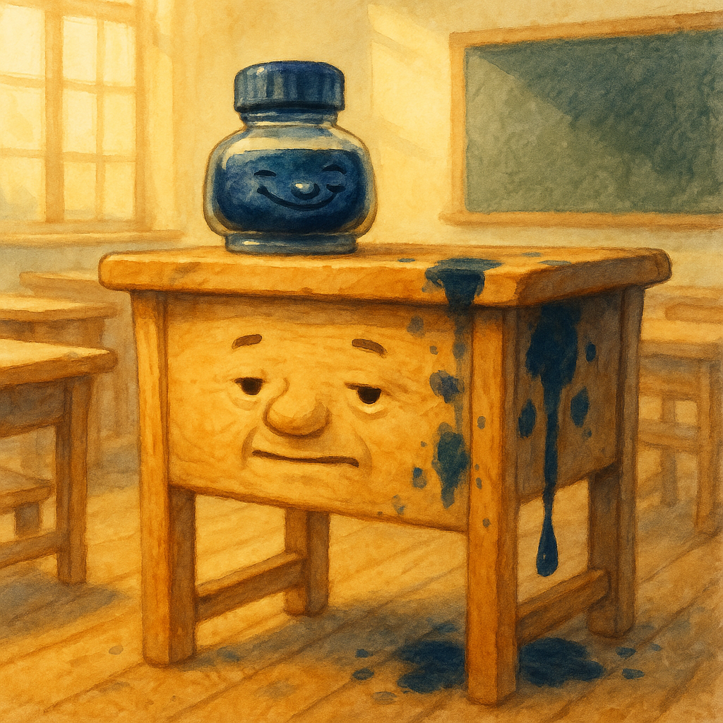 A cheeky ink-well perched on a stained wooden desk in a warm classroom — scene from The Desk and the Ink-Well.