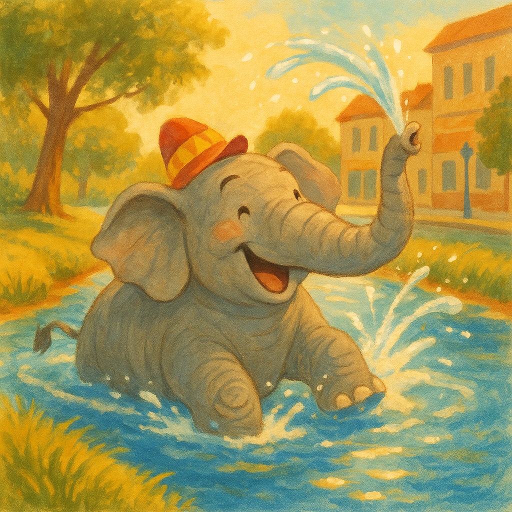 A circus elephant splashing joyfully in a sunlit river, illustrating The Elephant's Bath
