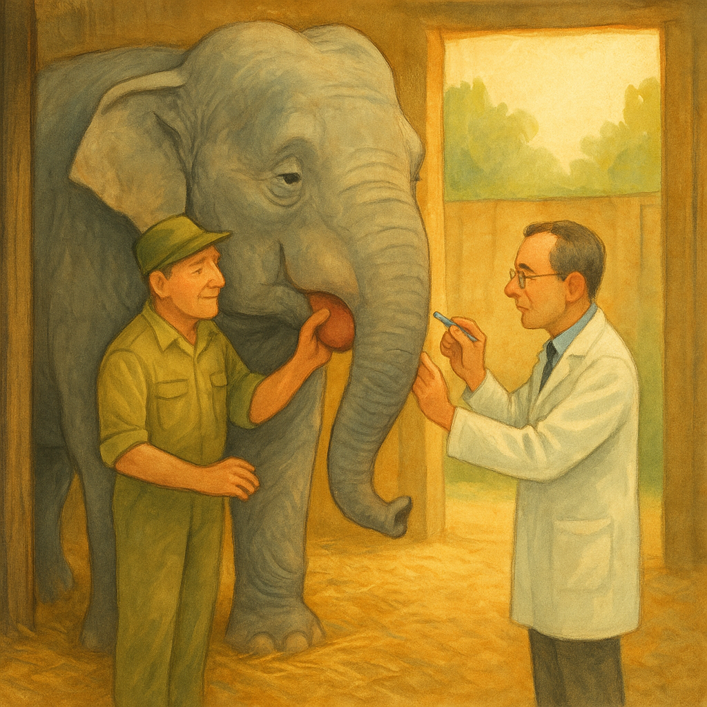A zoo elephant getting dental care from a kind keeper and dentist, illustrating The Elephant's Toothache.