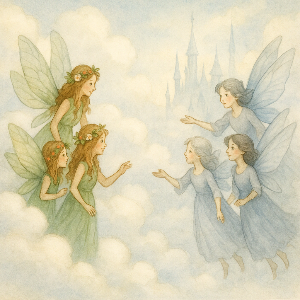 Wood fairies meet cloud fairies among silver palace clouds — scene from The Fairies' Trip