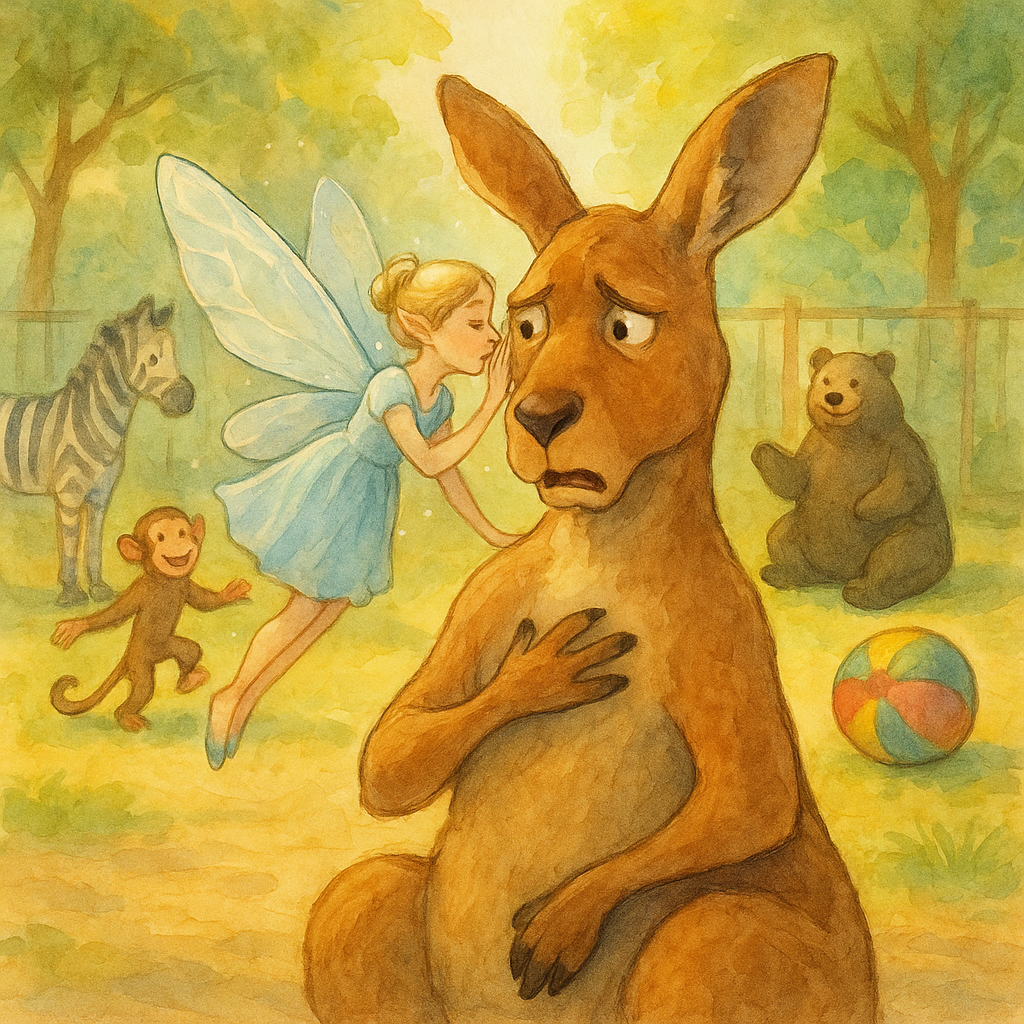 A glowing fairy with silver wings whispers to a dramatic kangaroo in a zoo, in The Fairy and the Kangaroo.