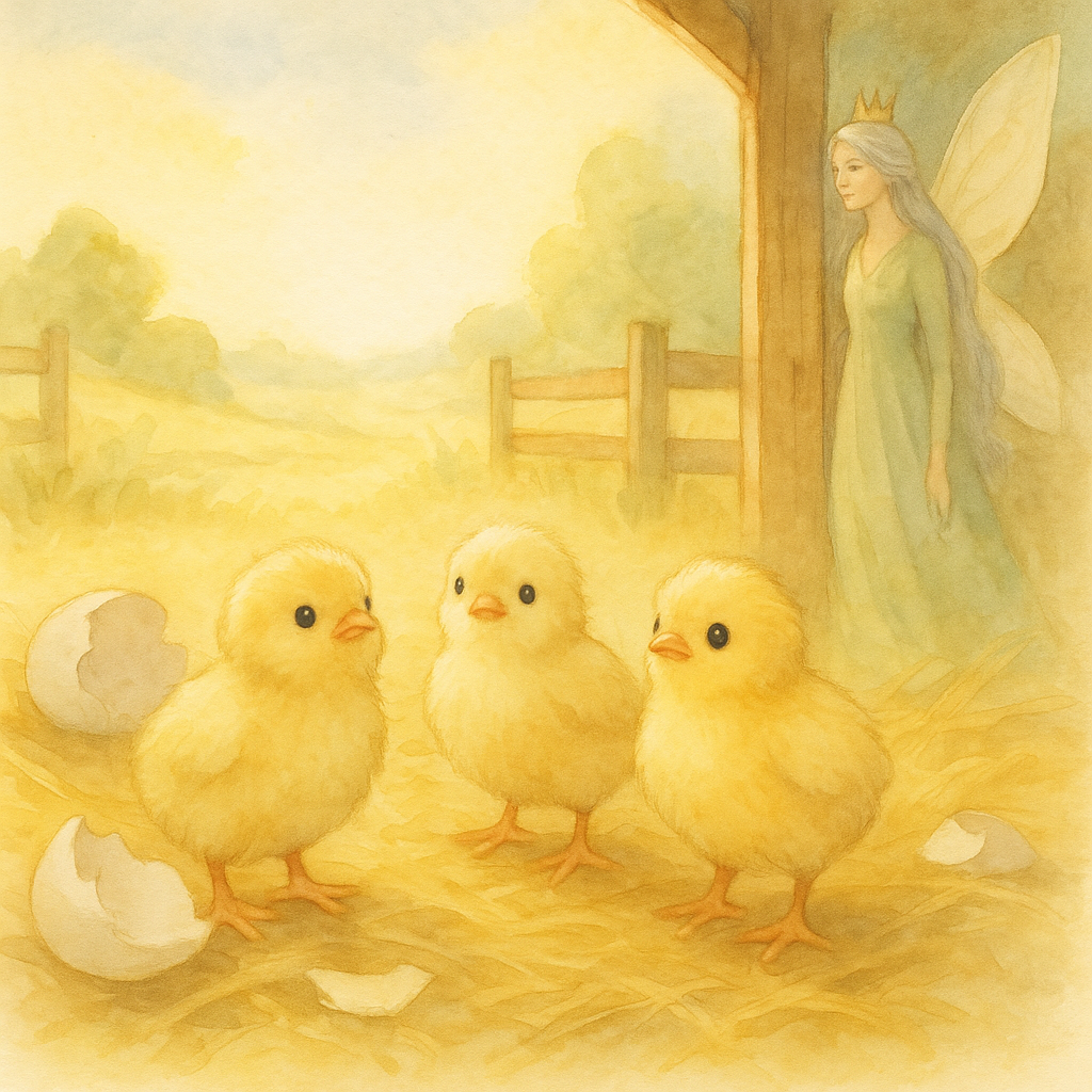 Tiny chicks hatching among broken shells in a sunny barnyard, with a glimpse of the fairy queen in The Fairy Queen Story.