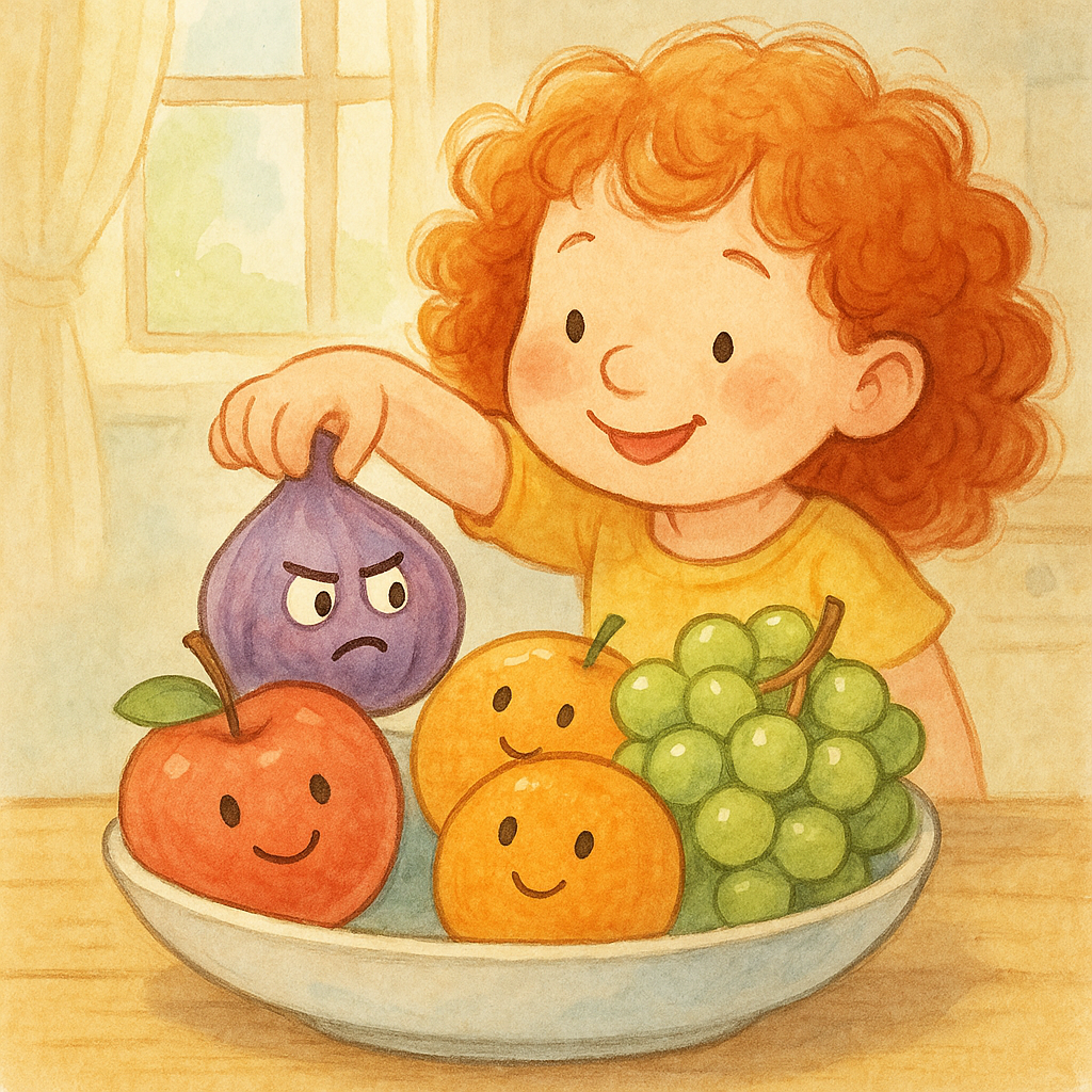 A smiling girl reaches for a happy fig in a fruit dish, illustrated scene from The Fig