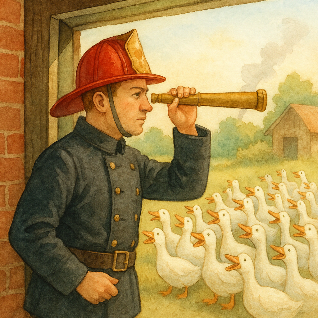 A fireman peers through a spyglass toward a duck farm with smoke on the horizon, in "The Fire"