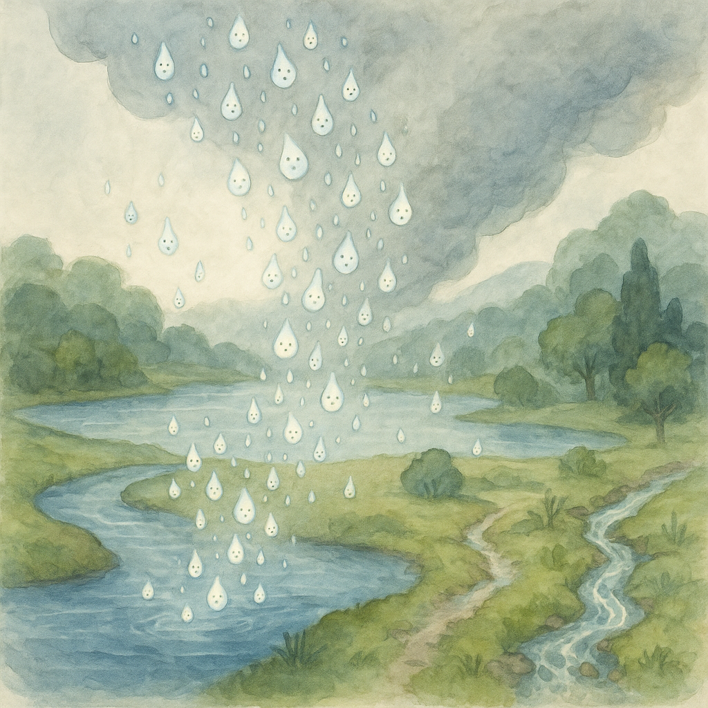 Tiny water droplets rising from a river and lake into a foggy sky, illustrating The Fog by Mary Graham Bonner.
