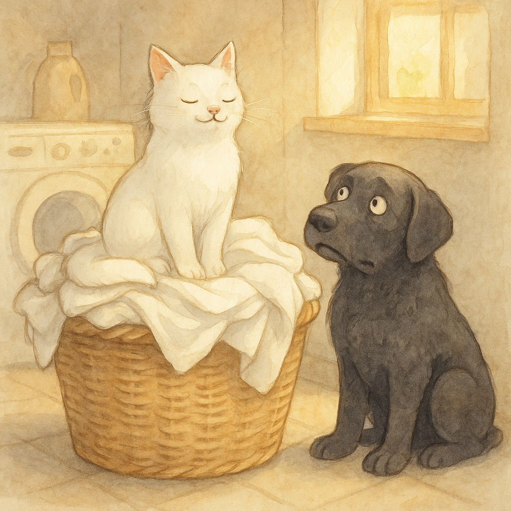 A white cat nestled smugly in a laundry basket as a puzzled black dog looks on, from The Fussy Cat.