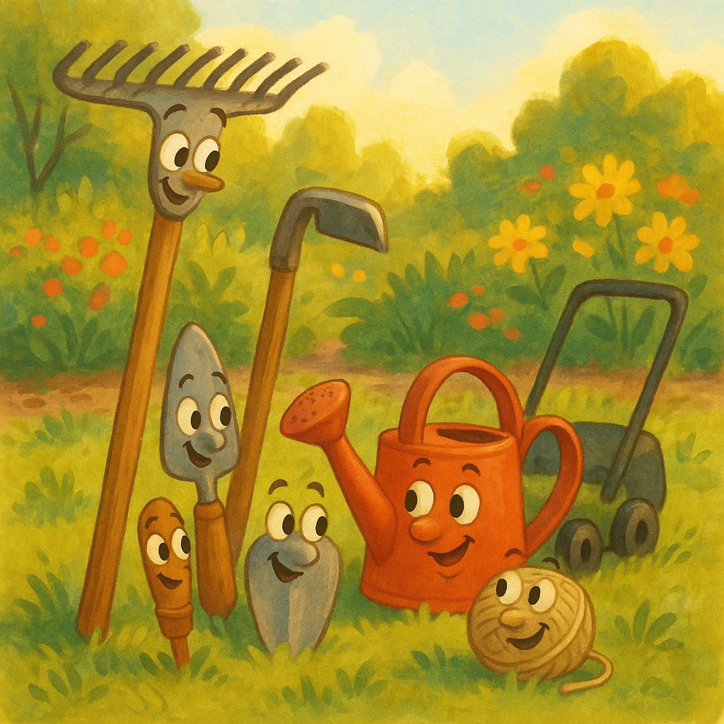 Cheerful garden tools with expressive faces gathered in a sunny garden in The Garden Tools