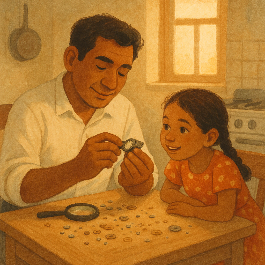 A father examines a gun-metal watch while his daughter watches eagerly, in an illustration for The Gun-Metal Watch.