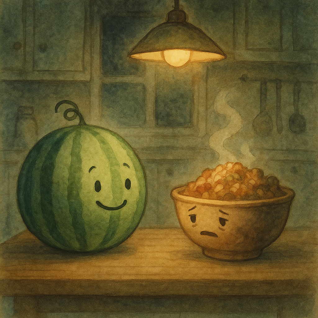 A cheerful watermelon and a wistful bowl of hash chat in a cozy kitchen, illustrating The Hash and the Watermelon.