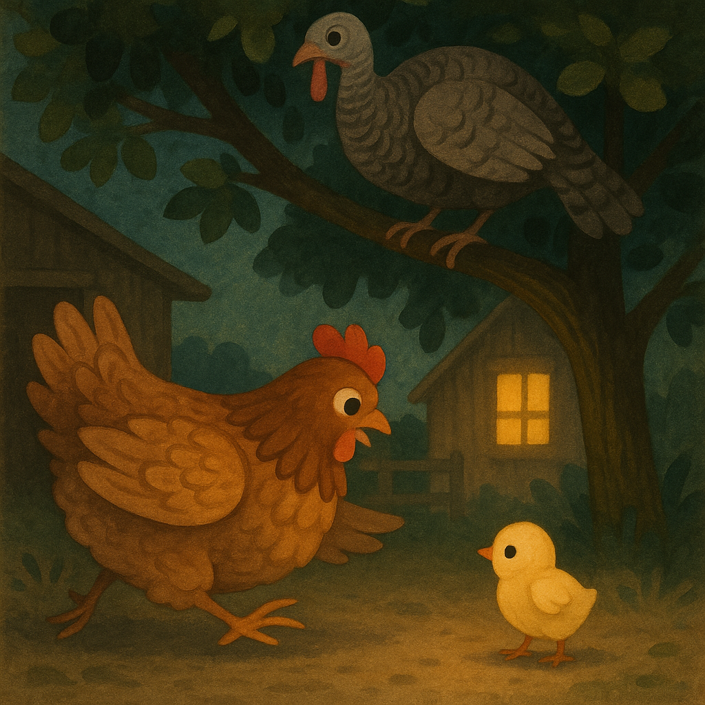A mother hen rushing to her lost chick under a tree where turkeys roost, in The Homesick Chicken.