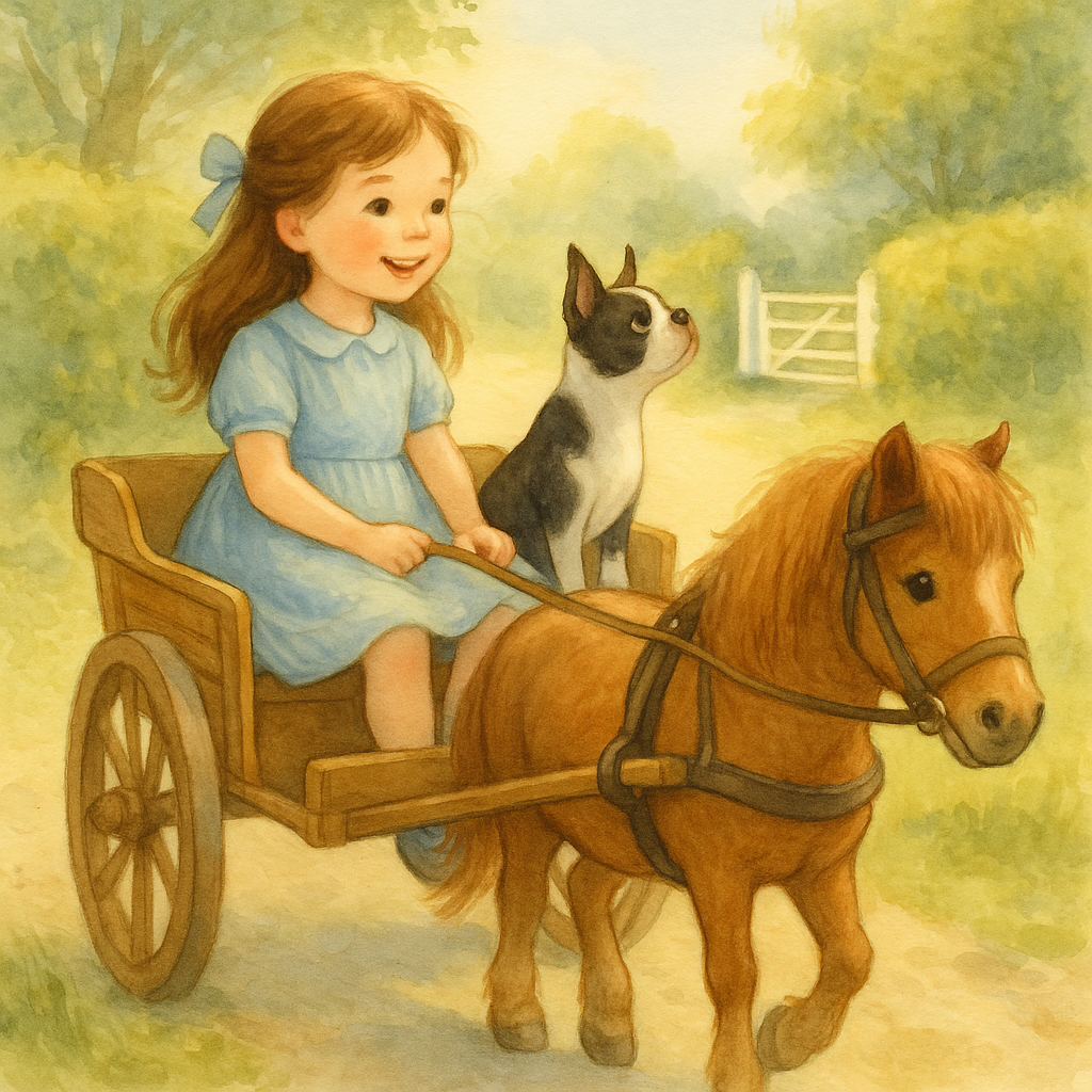A young girl drives a pony cart with a Boston bull puppy beside her, in The Homesick Puppy.