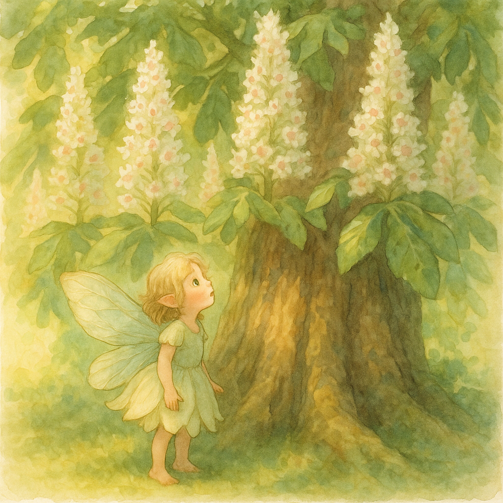 A tiny fairy looks up at a towering horse-chestnut tree in bloom, illustrating The Horse-Chestnut story.