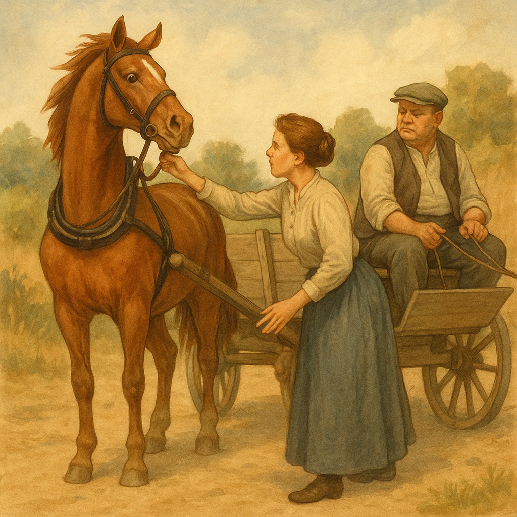 A woman loosens a tight check rein on a horse as a farmer looks on, illustrating The Horse's Complaint.