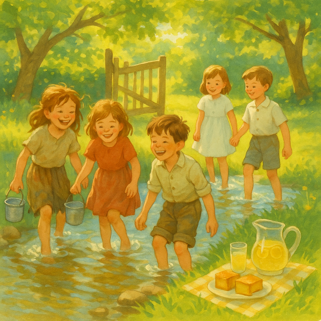 Children wading and laughing together in a brook in a summer garden, scene from The Huckleberry Pickers