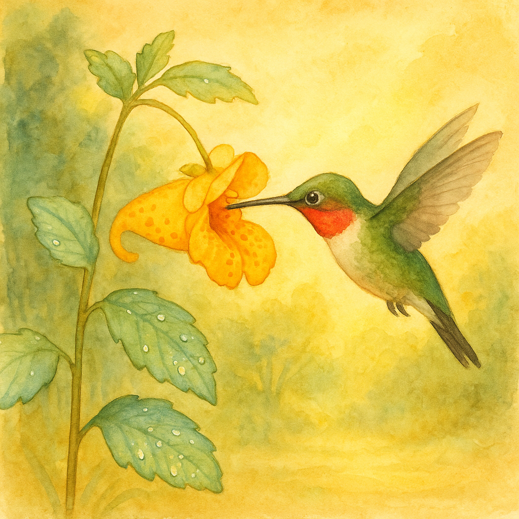 A ruby-throated hummingbird hovers before a glowing jewelweed flower in The Jewelweed's Visitor.